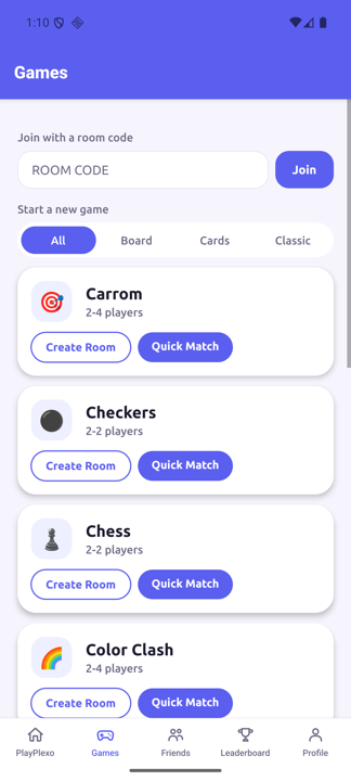 PlayPlexo games list, browsable by Board, Cards, or Classic
