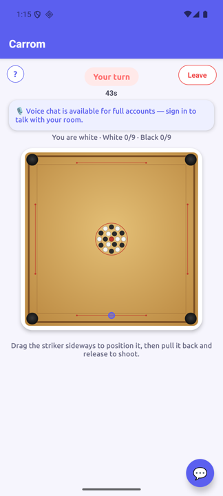 A live Carrom match in PlayPlexo, with voice chat available